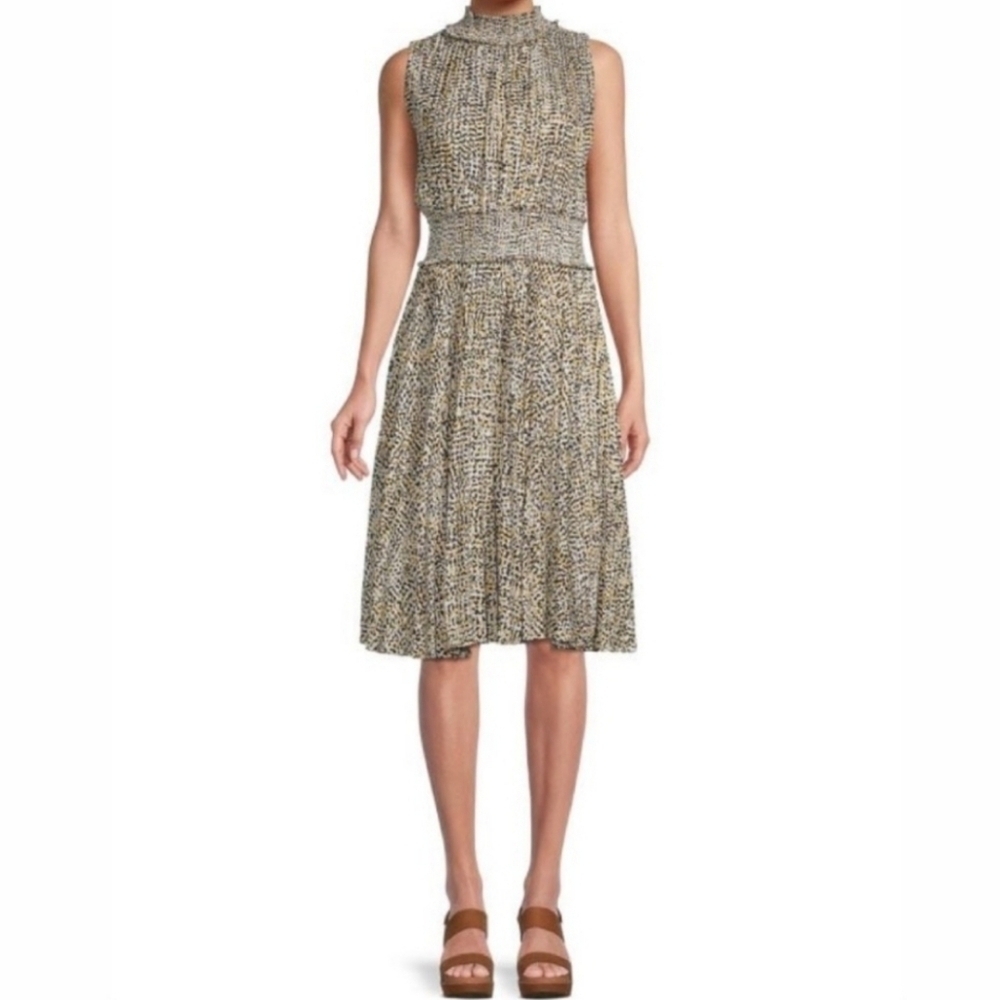 Nanette Lepore Animal Print Smocked Neck And Waist Pleated MidiDress Sz. 12